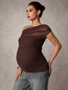 MaterniChic Maternity Clothes Maternity  Tops Summer Pregnant Clothes Brown Off-Shoulder T-Shirt With Mesh Ruching For An Elegant Party Look