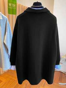 SHEIN 女式纯色简约休闲二合一长袖运动衫 - 黑色 - 查看 2