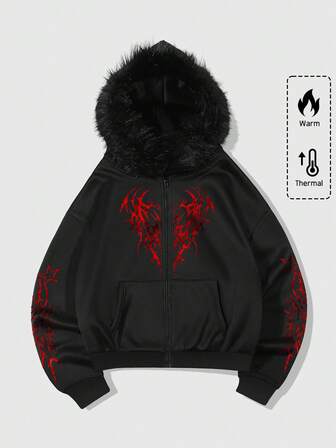 Street Life Felpa con cappuccio casual da uomo con stampa gotica, manica lunga e chiusura lampo al collo, adatta per l'autunno/inverno