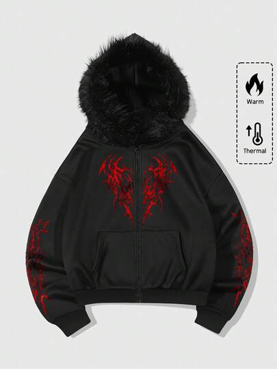 Men's Gothic Print Long Sleeve Zip Collar Casual Hooded Sweatshirt, Autumn/Winter