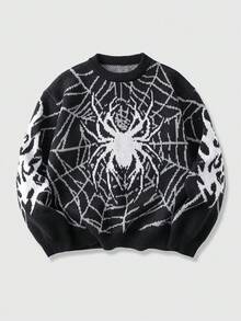 ROMWE MEN Goth Men's Spider Web Jacquard Loose Fit Long Sleeve Sweater - Black - View 1