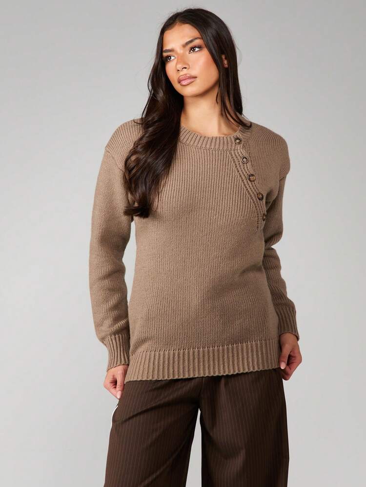 MISSGUIDED Ribbed Knit Crew Neck Sweater With Button Detail Long Sleeve Fall Winter Casual Pullover