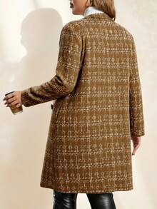 SHEIN Clasi Plus Size Women Winter Jacket, Faux Tweed Pattern Front Open Long Sleeve Coat With Pearl Buttons And Pockets - Brown - View 2