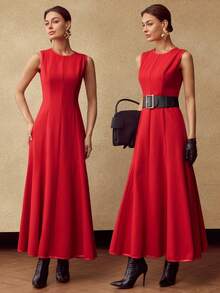 MOTF PREMIUM WOMEN'S WOOL PATCHWORK PU TRIM SLEEVELESS DRESS WITHOUT BELT, AUTUMN/WINTER - Red - View 7