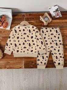 2pcs/Set Baby Girl Cute Rabbit & Leopard Print Casual Crew Neck Long Sleeve Sweatshirt And Pants Set, Suitable For Autumn/Winter - Multicolor - View 5