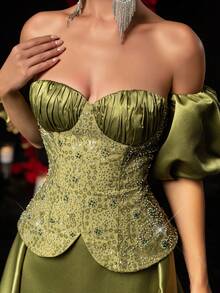 Glamrae This Elegant And Captivating Military Green Sequined Embroidered Dress Is Crafted From Luxurious Satin Fabric, Featuring A Strapless Design With Ruffled Puff Sleeves And A Flowing Fishtail Hem. Perfect For Dates, Parties, Bachelorette Parties, Formal Occasions, Weddings, And Elaborate Evening Gowns. - Army Green - View 3