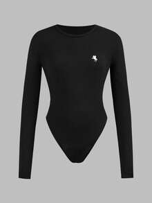 Girlism Tween Girl Knit Black & White Printed Pattern Crew Neck Long Sleeve Bodysuit - Black and White - View 5