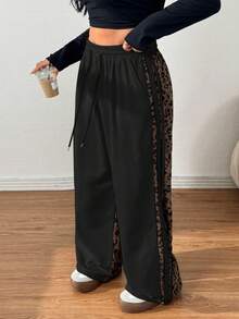 SHEIN EZwear Plus Size Autumn, Winter Casual Leopard Print Patchwork Sweatpants Graduation, Back To School, Teacher For Women - Black - View 5
