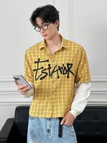 ESTAVOR 男士字母图案二合一长袖格子单排扣休闲衬衫 - 黃色 - 查看 4