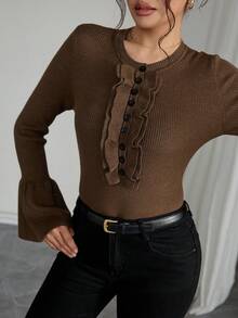 Rafferiza Women Solid Color Asymmetrical Ruffle Trim Knit Sweater, Round Neck Flare Sleeve Slim Fit Ribbed Pullover Top, Autumn/Winter - Coffee Brown - View 6