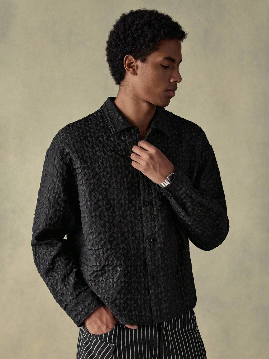 SWAVVY Áo sơ mi nam thường ngày tay dài, cài khuy đơn bằng vải Jacquard - màu đen - Xem 1