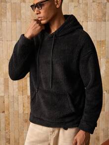 Manfinity VCAY 男士针织休闲羊毛连帽衫，带刺绣字母，适合秋冬 - 黑色 - 查看 4