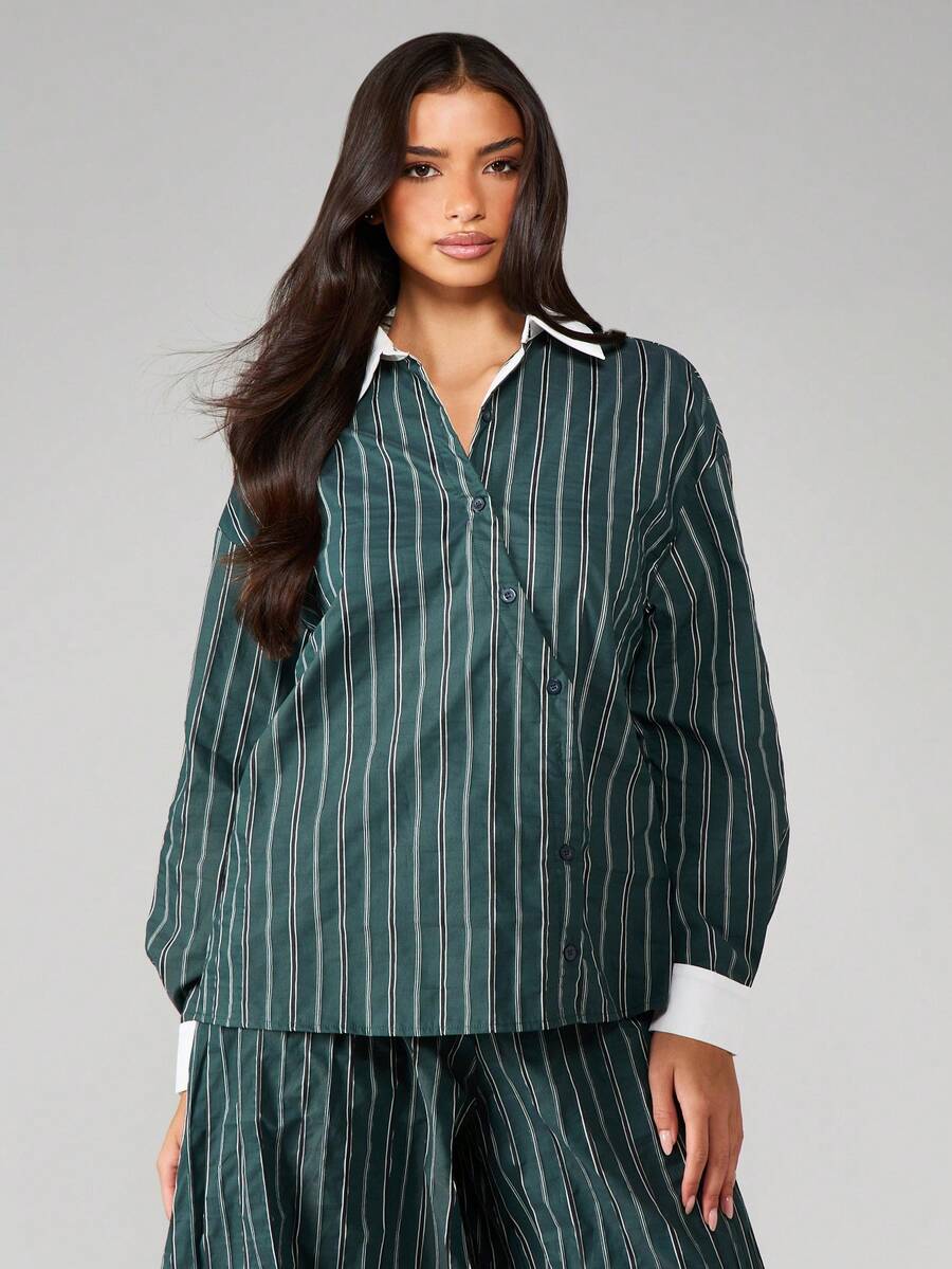 MISSGUIDED قميص عمل محترف بأكمام طويلة مخطط مع ياقة وأساور بيضاء متباينة وأزرار أمامية - متعدد الألوان - مشاهدة 1