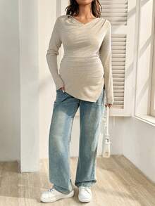 SHEIN 孕妇纯色V领长袖褶皱休闲修身T恤