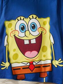 SpongeBob SquarePants | SHEIN Tween Boy Cartoon Multi-Expression Pattern Knit Crew Neck Raglan Long Sleeve Top And Loose Flame Retardant Pants Pajama Set, Autumn/Winter - Blue - View 5
