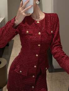 DAZY Women's Elegant Front Button Mid-Length Dress, Suitable For Commuting, Autumn/Winter New Year Christmas - Burgundy - View 1