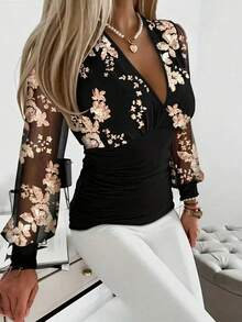 EMERY ROSE 女士刺绣薄纱深V领T恤图案上衣 - 黑色 - 查看 1