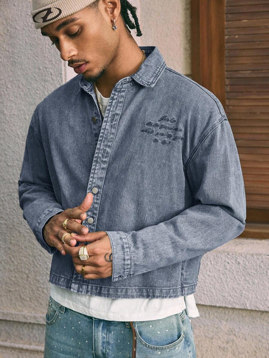 AXEPEAK Áo khoác denim tay dài dáng rộng thoải mái cho nam - Màu xanh lam - Xem 1
