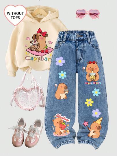 SHEIN ChillGRL Young Girl Cute Cartoon Print Jeans, New Arrival, Fashion, Suitable For All Seasons, Comfortable Denim Fabric, Light Blue Wash, Casual Basic Style, Straight Leg, Elastic Waistband, Adorable Capybara Design Capybara Print Clothes Kawaii Clothes For Kids