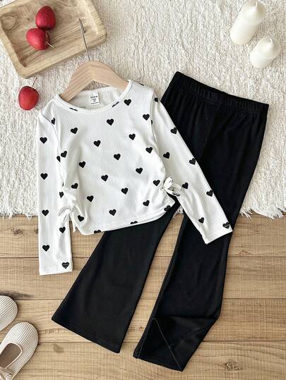 LMoss Kids 2件套女童爱心图案针织圆领羊腿袖T恤和喇叭裤套装