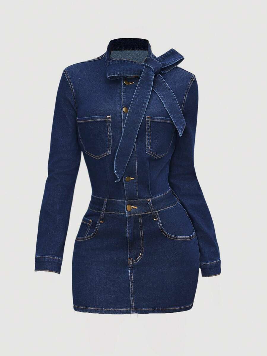 Sweetra Fashionable Casual Commuter Lady Collar Bowknot Open Front Denim Long Sleeve Bodycon Dress - Medium Wash - View 1