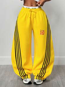 BamGleam Women's Loose Fit Contrast Stripe Wide Leg Sweatpants,Winter ;Winter Clothes For Women , Winter , - Yellow - View 3