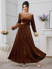 Al Najma Autumn/Winter Rhinestone Collar Long Sleeve Elegant Party & Outing Women's Arabic Dress - Coffee Brown - View 3