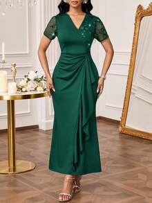 SHEIN Lady Vestido elegante de mujer con mangas cortas, volantes, parches florales y lentejuelas de malla - Verde Oscuro - Ver 4