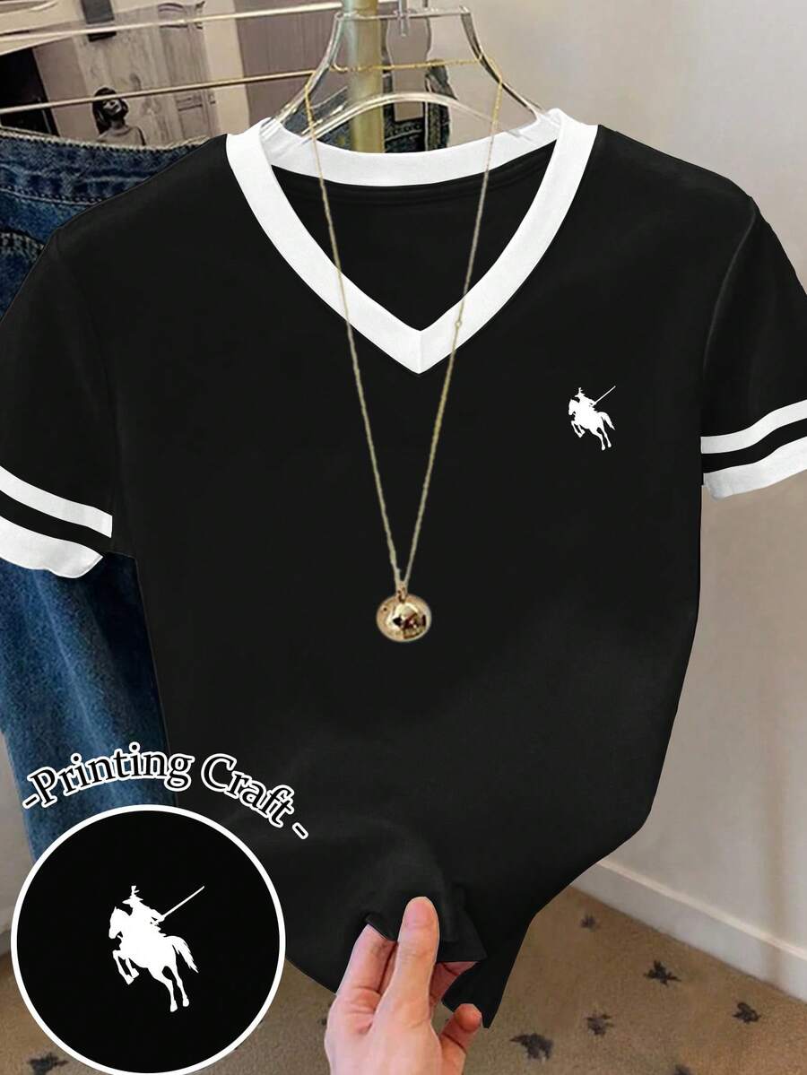 SHEIN 女士V领马匹标志印花圆领T恤图案T恤女式上衣 - 彩色 - 查看 1