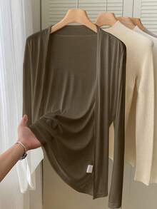 INAWLY Áo khoác nữ tay dài đơn giản, nhẹ, màu trơn - màu nâu - Xem 1