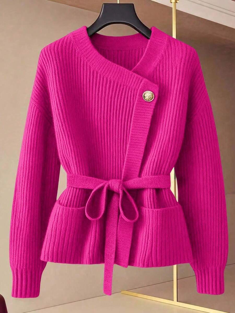 GlowEve Áo len cardigan cổ chữ V mới dành cho nữ, phong cách Âu Mỹ, phối màu thanh lịch, thời trang tối giản - Màu Hồng Tươi - Xem 1