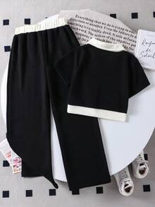 SHEIN 女童撞色短袖 Polo 衫搭配休闲裤，两件套服装 - 黑色 - 查看 3