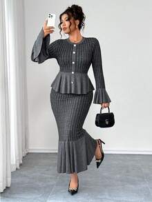 Elenzga Bộ đồ 2 món cho nữ cỡ lớn, vải dệt kim sọc bản rộng co giãn cao, thắt eo, tay áo loe, chân váy gấu đuôi cá, thanh lịch khi đi chơi, trà chiều, đi làm, hiện đại và thoải mái, cỡ lớn, màu xám đậm, bộ đồ 2 món váy maxi dài tay thu đông - Màu xám đen - Xem 4