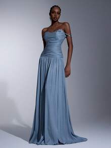 Elitara 优雅简约手工水晶不对称双层褶皱领修身A字裙摆连衣裙，适合各种场合和类型的女性，正式晚礼服 - 灰藍色 - 查看 5