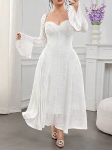Feyla Plus Size Elegant Party Solid Color Textured Flare Sleeve Dress Lace Dress White Lace Fall - White - View 5