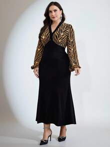 Modelyn Plus Size Women V-Neck Fitted Long Sleeve Dress Curve Elegant Dress - Gold - View 8