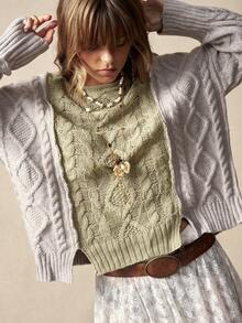 Bohemela 波西米亚风秋冬女式复古休闲绿灰撞色宽松落肩圆领休闲经典几何图案纹理绞花针织套头毛衣，西部乡村风格，适合度假、日常穿着、返校季、派对、圣诞节、新年、情人节等场合。 - 彩色 - 查看 3