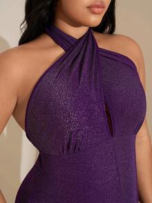 SHEIN Tall CURVE Bộ đồ liền thân hở vai lấp lánh dự tiệc cỡ lớn dành cho nữ - Màu tím - Xem 3