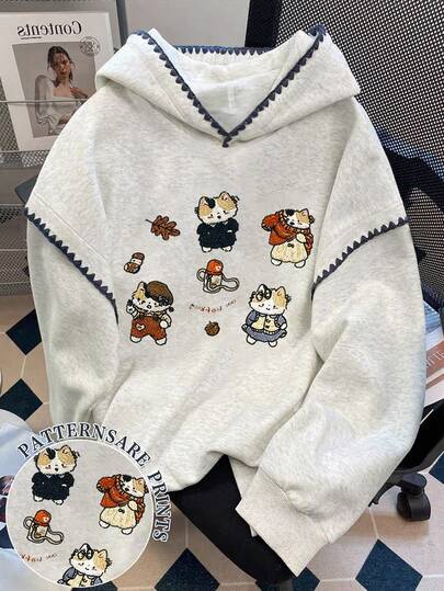 Resyla 女士卫衣 / 可爱小猫印花 / 休闲简约时尚卫衣 / 刺绣 / 时尚上衣 / 卡通卫衣 / 复古冬日卫衣 / 秋冬宽松圆领长袖连帽衫 / 女士春季套头衫、时尚卫衣、女士蕾丝边撞色连帽衫、长袖上衣、秋冬连帽衫