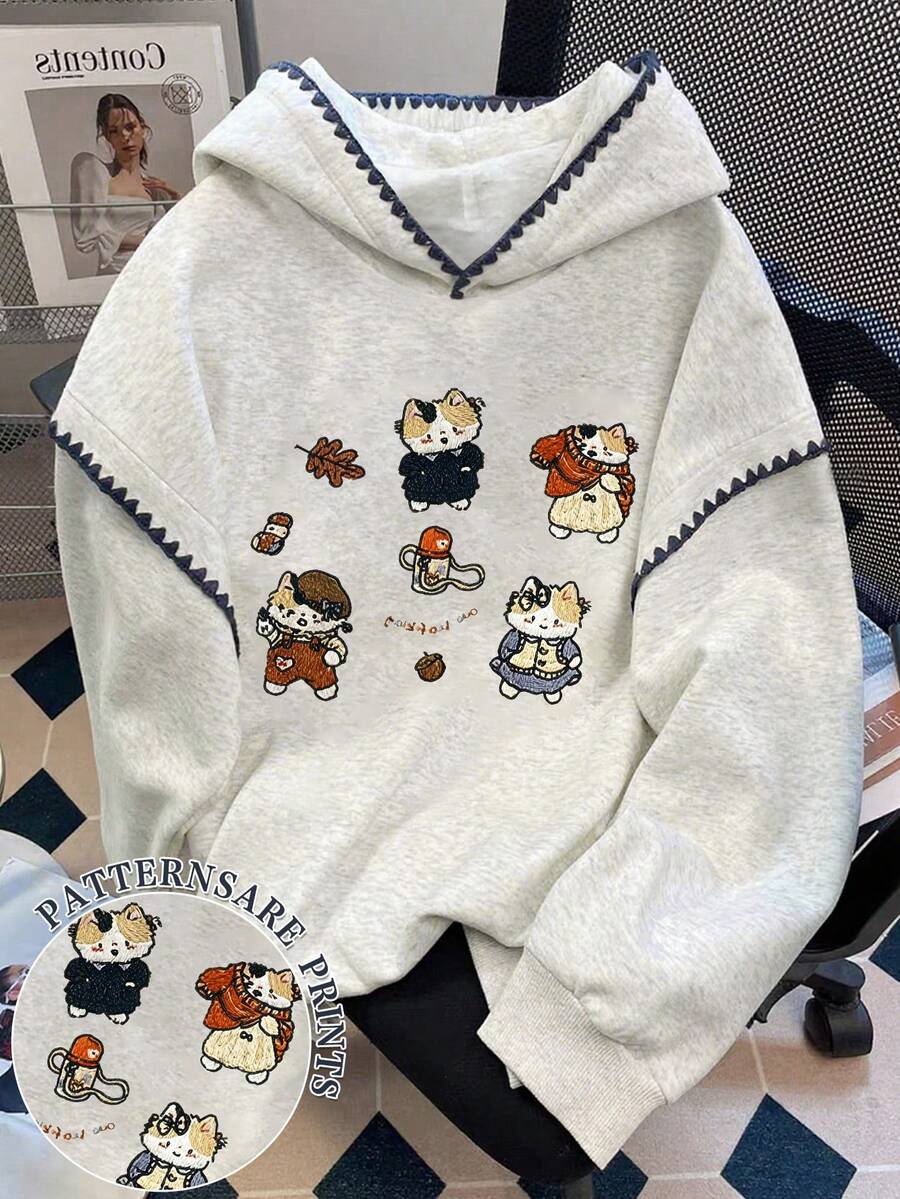 Resyla 女士卫衣 / 可爱小猫印花 / 休闲简约时尚卫衣 / 刺绣 / 时尚上衣 / 卡通卫衣 / 复古冬日卫衣 / 秋冬宽松圆领长袖连帽衫 / 女士春季套头衫、时尚卫衣、女士蕾丝边撞色连帽衫、长袖上衣、秋冬连帽衫 - 灰色 - 查看 1