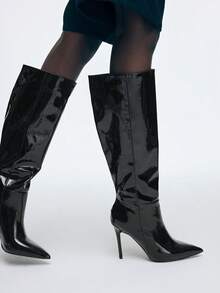 Mnmlis Elegant Wine Red Patent Leather Tall Boots With Metal Buckle Strap, Slim High Heel - Black - View 6