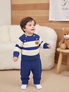 SHEIN 男婴撞色条纹毛衣和针织裤套装,秋冬季 - 藍色 - 查看 10