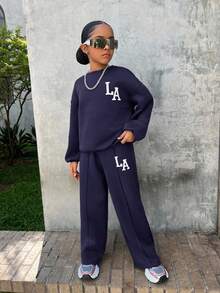 SHEIN Tween Girl Navy Blue LA Letter Print Sweatshirt And Wide Leg Sweatpants Set,Autumn Cow Boy School Back-To-School Comfy Fall Winter Loose Sweatsuit - Navy Blue - View 9