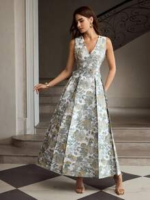 ZEYLAH Váy xếp ly cổ chữ V họa tiết hoa jacquard thanh lịch dành cho nữ - Xám - Xem 6