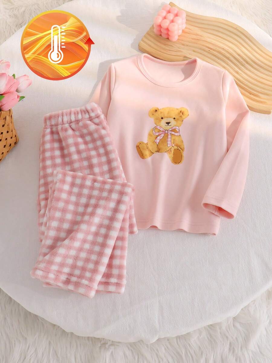 SHEIN 2件套女童卡通小狗蝴蝶结印花针织休闲长袖上衣和裤子睡衣套装 - 彩色 - 查看 1