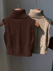 Comfortcana 2pcs/Set Casual Solid Color Turtleneck Sleeveless Knit Top, Versatile For Autumn/Winter - Multicolor - View 2