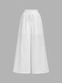 SHEIN MOD 女士花卉刺绣镂空腰带宽松阔腿休闲裤，优雅派对裤、沙滩裤、休闲女裤、情人节裤、白色裤、时尚女裤、田园风、节日生日装、女士度假装、刺绣面料长裤、女士度假裤、夏季假期、春季 - 白色 - 查看 7