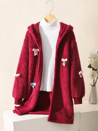 SHEIN Sparklyn Girls' Colorful 3D Bow Fluffy Mid-Length Coat, Casual Winter Jacket Suitable For Travel And Holiday