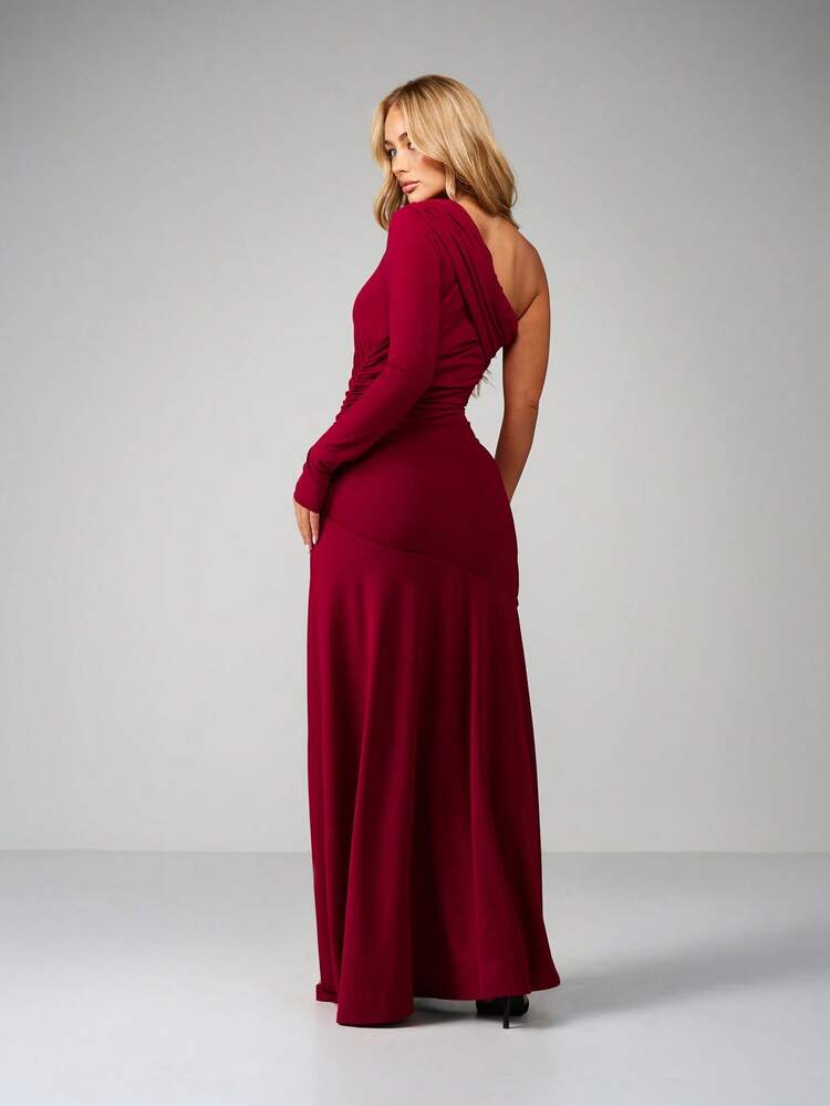 MISSGUIDED Burgundy One Shoulder Long Sleeve Ruched Bodycon Maxi Dress With Side Slit For Evening Party Occasions