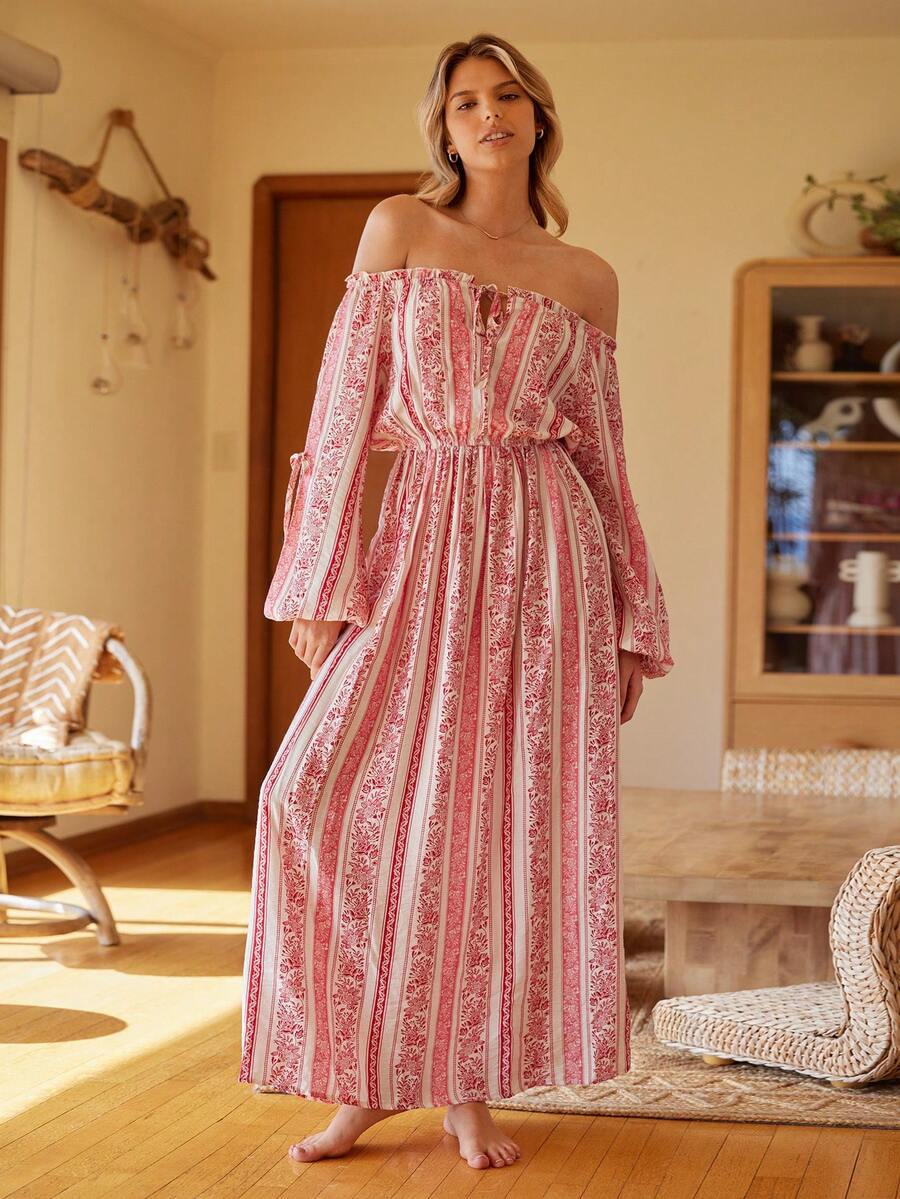 Lullawish Bohemian Striped Off-Shoulder Women's Nightgown, Winter - Multicolor - View 1